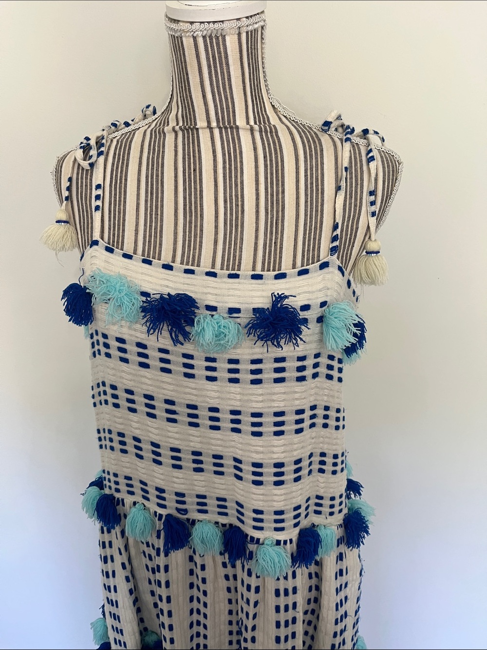 Women's White Maxi Dress with Blue Check and Pom-Pom Trim - Picture 3 of 11